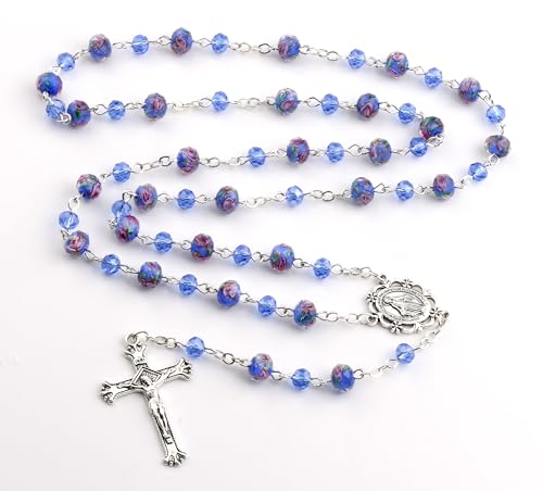 Murano Glass Rose Beads Catholic Virgin Mary Rosary Necklace Women - color: Blue