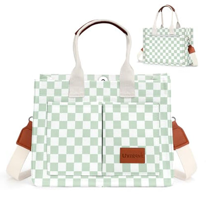 LHMTQVK Canvas Tote Bag for Women, Work & Bible Study Handbag - color: Green Grid
