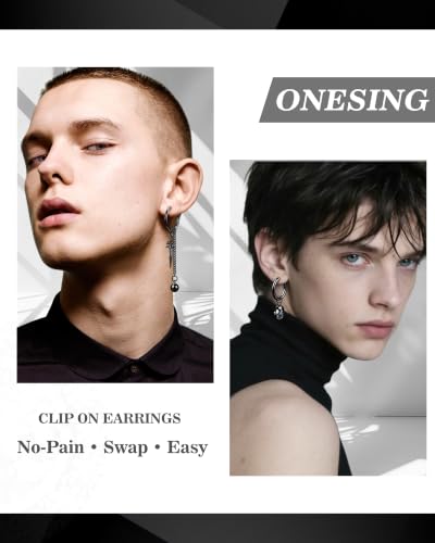 ONESING 20-25 Pcs Clip On Earrings for Men - Dangle Hoop Sterling Non Pierced Fake Piercings - Stainless Steel Silver - color: Black-25pcs