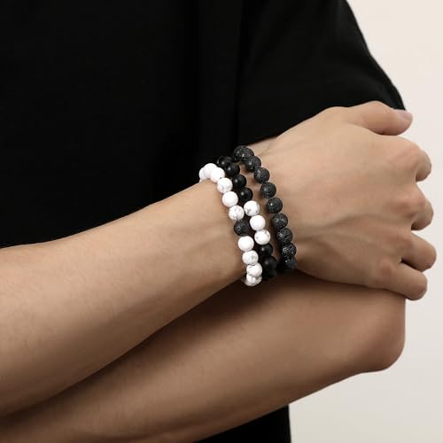 Mens Beaded Bracelets, 8MM Beaded Bracelets for Men, Natural Tiger Eye Bead Bracelet, Stretch Elastic Beads Bracelets for Men - color: 3 black volcanic white pine