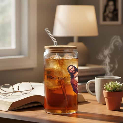 IWXYI I Saw That Glass Cup with Lids and Straws 14oz, Funny Gifts for Women Men Friends, I Saw That Iced Coffee Tea Drinking Glasses with Cleaning Brush - color: Funny