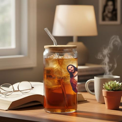 IWXYI I Saw That Glass Cup with Lids and Straws 14oz, Funny Gifts for Women Men Friends, I Saw That Iced Coffee Tea Drinking Glasses with Cleaning Brush - color: Funny