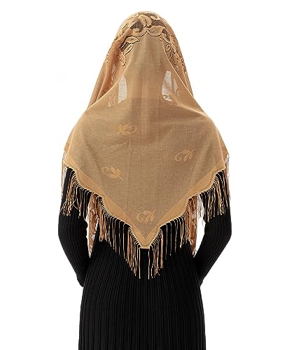 PAMOR Triangle Catholic Church Veil Chapel Veil Scarf Mantilla Veils Wrap Shawl Mass Head Covering with Fringe Trim - color: Beige
