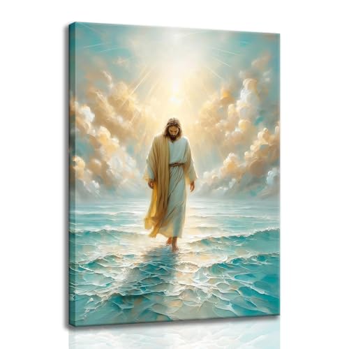 Framed Jesus Walking on Water Wall Art Canvas Print Christian Painting Catholic Poster Inspirational Picture for Living Room Bedroom Church Gallery Wall Decor Ready to Hang 16x24In - color: Jesus Walks on Water, size: 16x24 Inches
