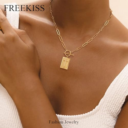 Freekiss 3-Piece Layered Toggle Necklace for Women - color: Gold Cross Necklace