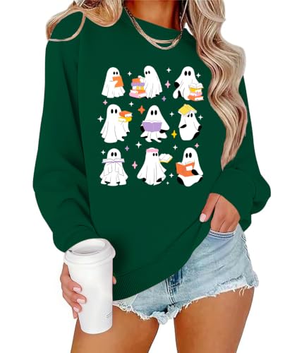 Teacher Halloween Sweatshirt Women Cute Ghost Reading Books Tops - color: C-green, size: X-Large