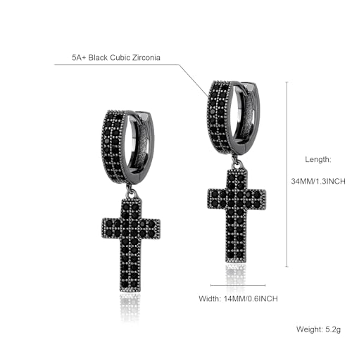 TOPGRILLZ Cross Hoop Dangle Earrings 925 Sterling Silver 5A+ Cubic Zirconia 14K Gold Hypoallergenic Cross Hoop Cuff Huggie Drop Earrings For Men Women - color: Black Cross Hoop