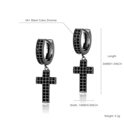 TOPGRILLZ Cross Hoop Dangle Earrings 925 Sterling Silver 5A+ Cubic Zirconia 14K Gold Hypoallergenic Cross Hoop Cuff Huggie Drop Earrings For Men Women - color: Black Cross Hoop