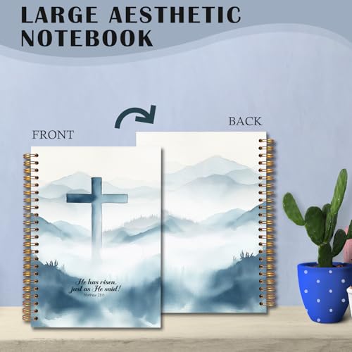 Exqcom Easter Christian Spiral Notebook, He Has Risen Bible Verse Journal Gifts for Women, Watercolor Blue Cross Religious Hardcover Notebook Journal Church Office School Supplies, 5.5x8.3 - color: white Bible Notebook-V