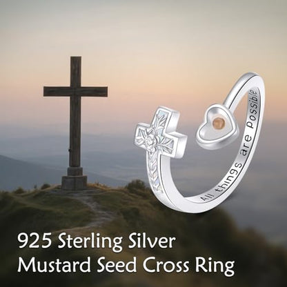 Mustard Seed Cross Ring 925 Sterling Silver Opal/Blue Opal Jewelry Faith Adjustable Ring Gifts for Women Lover - style: Opal Mustard Seed