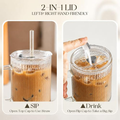 KEMORELA 24oz Ribbed Glass Cup with Lid & Straw,Iced Coffee Cup with Handle - color: 24oz--Ribbed