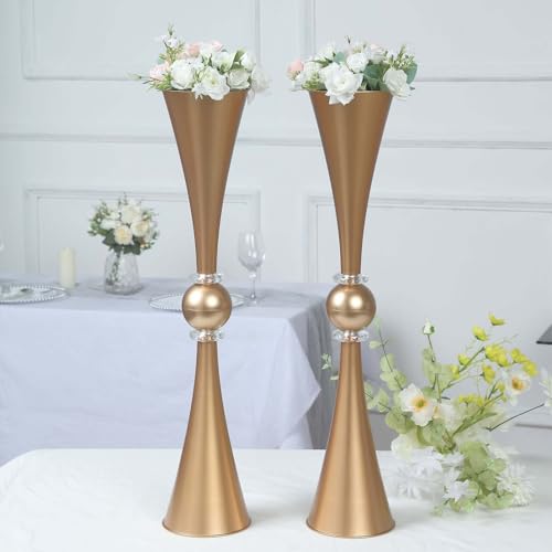 Efavormart 2 Pack | 27" Gold Crystal Embellishment Trumpet Table Centerpiece, Reversible Plastic Flower Vase - color: Gold, size: 27"