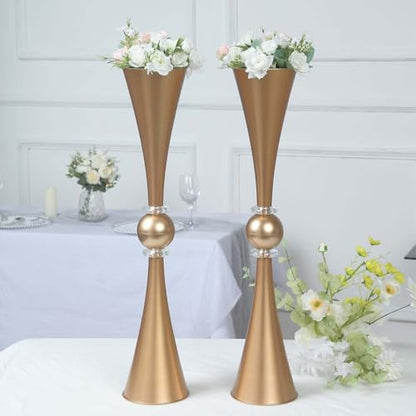 Efavormart 2 Pack | 27" Gold Crystal Embellishment Trumpet Table Centerpiece, Reversible Plastic Flower Vase - color: Gold, size: 27"