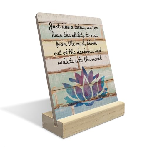 Inspirational Lotus Flower Decor Quote - Rustic Plaque with Wood Stand - Motivational Quote Decor for Home Shelf - color: Lotus2