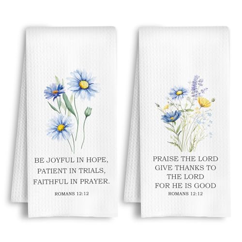 ArtisaEura Christian Floral Kitchen Towels, Roman 12:12 Bible Verse Religious Dish Tea Hand Towels for Kitchen Bathroom Decor, Christian Gifts for Women, 16x24 Inch Set of 2 - color: Romans 12:12- Floral