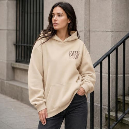 Wrenpies Faith Over Fear Hoodie for Women Christian Jesus Bible Verse Sweatshirt God Religious Oversized Tops - color: Apricot, size: Large