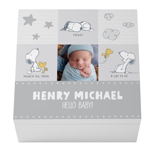 Let's Make Memories Personalized Keepsake Box - Memory Storage - Newborn New Baby Gift - Shower Present - PEANUTS - Snoopy and Woodstock - Add Photo, Name, and Text - Snoopy Baby Love - Gray - color: Snoopy Baby Love - Gray