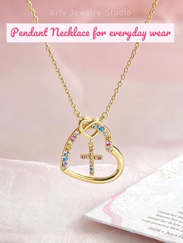 S925 Sterling Silver Cross Necklace for Girls, Baptism First Communion Confirmation Gifts, Pearl Heart Pendant Necklaces, Back to School Graduation Easter Birthday Faith Gift Age: Over 8 Years Old - style: Heart Rainbow CZ