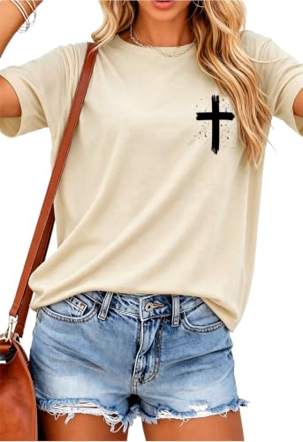 Christian Shirts for Women Religious Faith Shirt Jesus Cross Casual Tops - color: Apricot-a, size: XX-Large