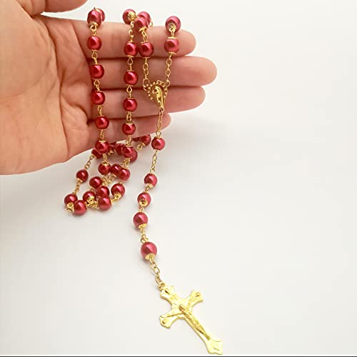Rosary Beads Catholic for Women Girls, First Holy Communion Rosary Gifts for Girls Catholic, Gold White Rosary Necklace for Women Imitation Pearl Beads Necklace Rosarios Catolicos - color: Red