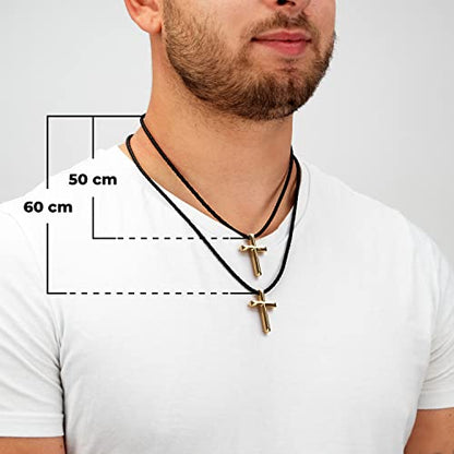 SERASAR Premium Leather Necklace Men | Stainless Steel Pendant | Secure Clasp | Three Colors | Jewelry Box Included - color: Gold, size: 50cm, style: Cross