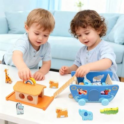 Wooden Noahs Ark Toy with Animal|Baby Baptism Gifts for Boys and Girl