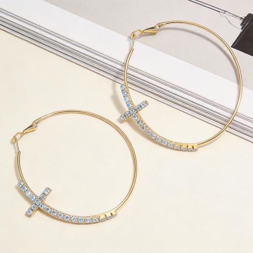 Large Cross Hoop Earrings for Women Sparkly Rhinestone Statement Jewelry for Prom Wedding Party Night Out Accessories Shiny Silver Tone Fashion Dangle Earings - color: Light Blue