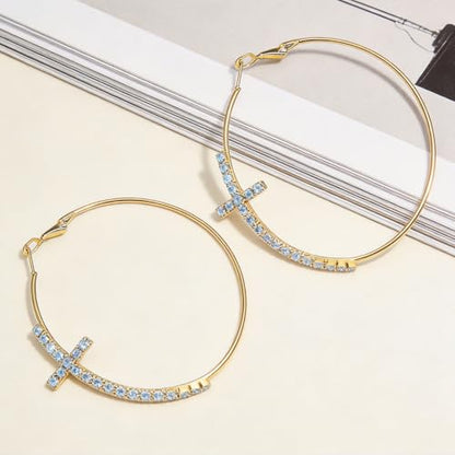 Large Cross Hoop Earrings for Women Sparkly Rhinestone Statement Jewelry for Prom Wedding Party Night Out Accessories Shiny Silver Tone Fashion Dangle Earings - color: Light Blue