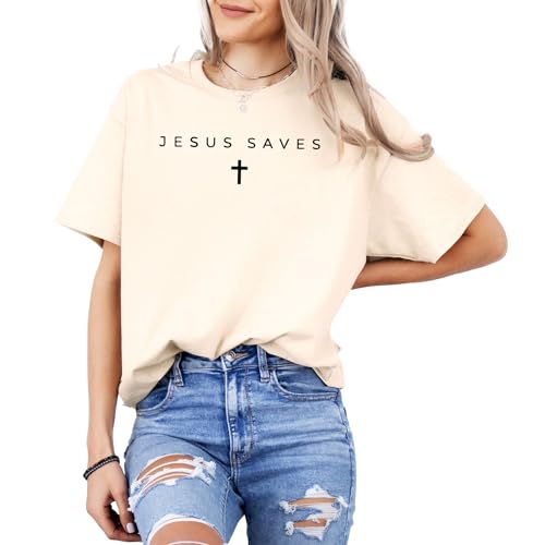 Jesus Saves Christian T-Shirt – Minimalist Faith-Based Cross Tee – Inspirational Religious Shirt for Believers - color: Natural, size: Small