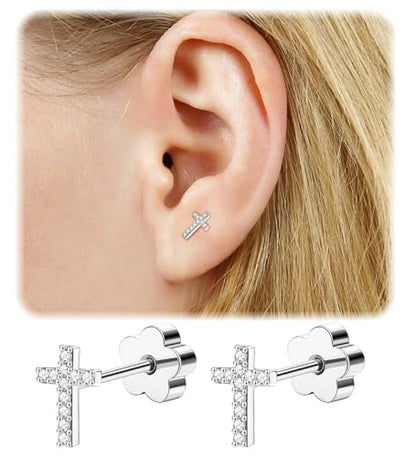 14K Gold Plated Small Stud Earrings for Girls Women Hypoallergenic Surgical Steel Cartilage Flat Back Stud Earrings CZ Cross Dot Bar Heart Handmade Screw Back Earrings Studs - color: Silver, style: Cross