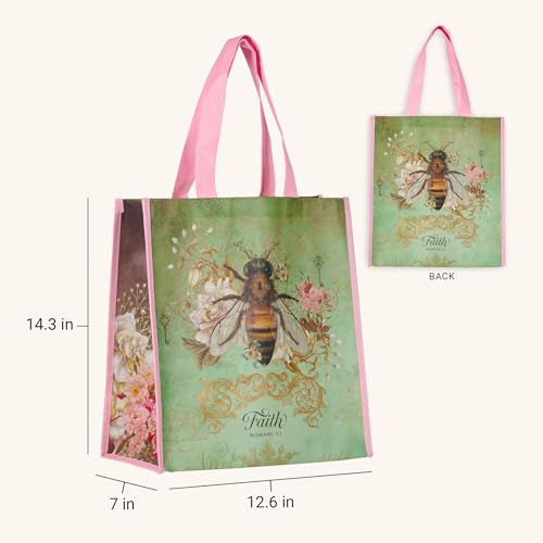 Christian Art Gifts Floral Bumble Bee Reusable Multicolor Shopping Tote Bag for Women: Faith - Romans 5:1, Easy-hold, Cute, Durable, Collapsible Handbag for Groceries, Books, Supplies, Soft Lime Green - color: Mint Green/Bumble Bee