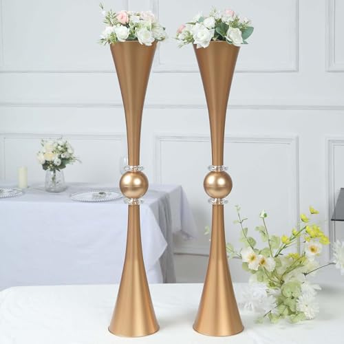 Efavormart 2 Pack | 31" Gold Crystal Embellishment Trumpet Table Centerpiece, Reversible Plastic Flower Vase - color: Gold, size: 31"