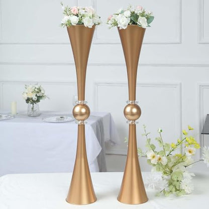 Efavormart 2 Pack | 31" Gold Crystal Embellishment Trumpet Table Centerpiece, Reversible Plastic Flower Vase - color: Gold, size: 31"