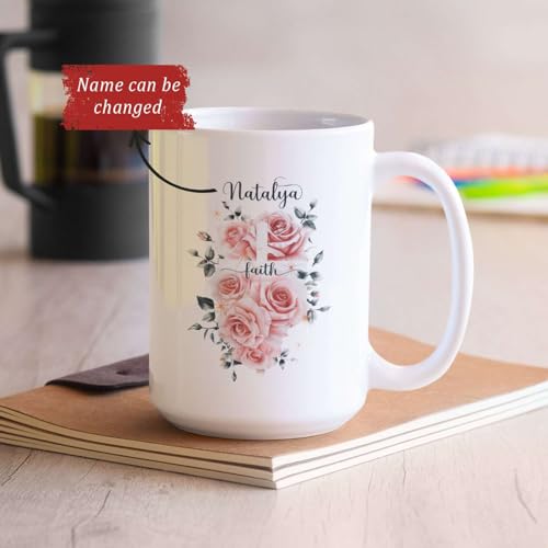 Customized Christian Mug With Name, Novelty Religious Gift, Floral Cross Ceramic Cup For Women Girls, Personalized Christian Faith Coffee Cup 11oz, Unique White Mug With Religious Theme - color: XUA-624-2300-Floral Cross