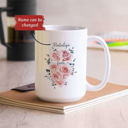 Customized Christian Mug With Name, Novelty Religious Gift, Floral Cross Ceramic Cup For Women Girls, Personalized Christian Faith Coffee Cup 11oz, Unique White Mug With Religious Theme - color: XUA-624-2300-Floral Cross