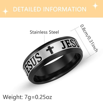 Uloveido Stainless Steel JESUS Cross Ring - Christian Faith Scripture Jewelry for Men - 8mm Comfort Fit Wedding Cross Band Durable Polished - color: Black