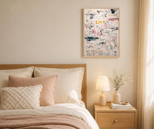 Framed Modern Neutral Abstract Textured Graffiti Love Wall Art, 16x24 Inch - color: Multicolor On White/Cream Background With Red, Yellow, Blue, Black, Green, And Pink Accents, size: 16"L x 24"W