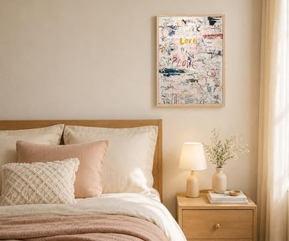 Framed Modern Neutral Abstract Textured Graffiti Love Wall Art, 16x24 Inch - color: Multicolor On White/Cream Background With Red, Yellow, Blue, Black, Green, And Pink Accents, size: 16"L x 24"W