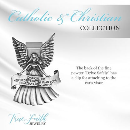 True Faith Jewelry Never Drive Faster Than Your Guardian Angel Can Fly Daughter Visor Clip, Great New Driver Gifts from Mom and Dad, Fine Pewter (92% Tin) - size: Daughter 3