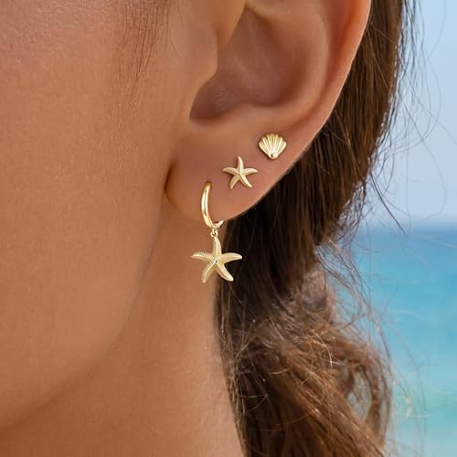 14K Gold Planted Seashell Starfish Stud dangle Earrings for Women, Summer Beach Hoop Earrings for Multiple Piercing Cartilage, Dainty Trendy Dangling Earring 3 Pairs Set Vacation Ocean Outfits Accessories Jewelry - color: SeaShell-Gold