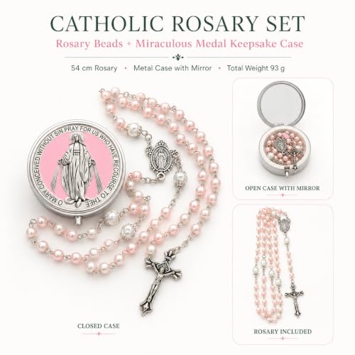Catholic Pearl Cross Rosary Necklace — Ideal for Baptism, Prayer, Devotion — 6mm Glass Beads & 8mm Our Father Beads w/Caps, Miraculous Jewelry Box – Perfect Religious Gift for Women, Men - color: Pink