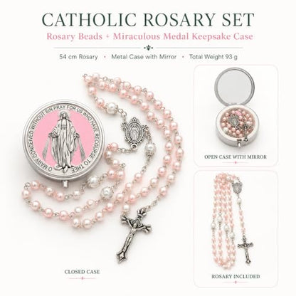 Catholic Pearl Cross Rosary Necklace — Ideal for Baptism, Prayer, Devotion — 6mm Glass Beads & 8mm Our Father Beads w/Caps, Miraculous Jewelry Box – Perfect Religious Gift for Women, Men - color: Pink