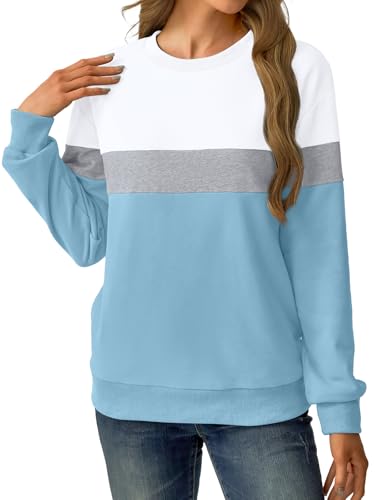GKBK Womens Sweatshirts Cotton Crew Neck Lightweight Pullover Pocket Tops - color: White Blue, size: Medium