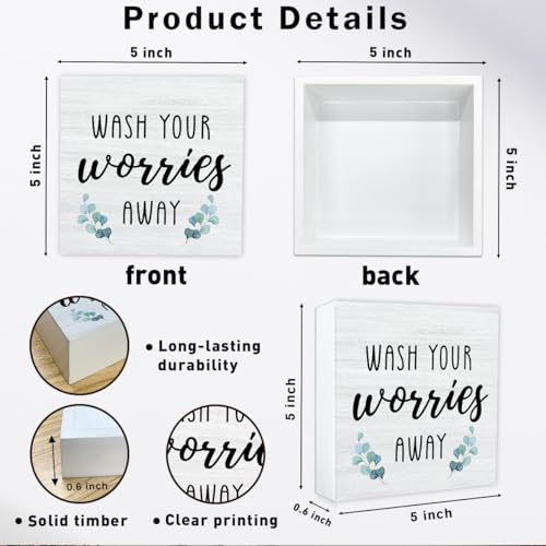 | Wash Your Worries Away Bathroom Sign – 5x5 Wooden Box Art for Bathroom or Laundry Room | Rustic Shelf Accent and Funny Inspirational Desk Decoration-B04 - color: Wash Your Worries Away