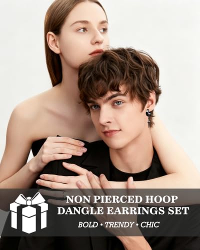 ONESING 20-25 Pcs Clip On Earrings for Men - Dangle Hoop Sterling Non Pierced Fake Piercings - Stainless Steel Silver - color: Black-25pcs