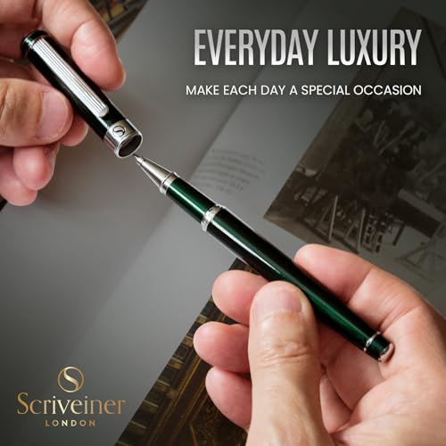 Scriveiner British Racing Green Rollerball - Stunning Luxury Pen With Chrome Finish, Schmidt Ink Refill, Best Roller Ball Pen Gift Set for Men & Women, Professional, Executive Office, Nice Pens - color: 12. British Racing Green with Chrome