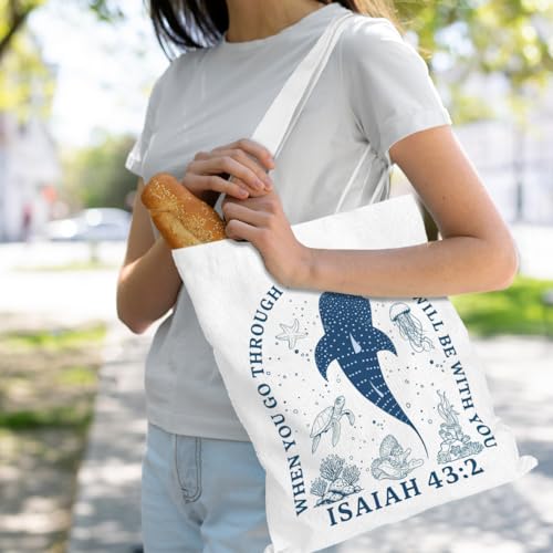VICBOU Bible Verse Canvas Tote Bag Religious Christian Gifts for Women Men Faith Canvas Tote Reusable Grocery Bag - color: Whale01
