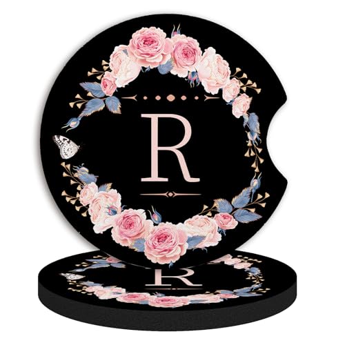 2pcs Letter R Car Coasters,Absorbent Universal neoprener Cup Holder Coasters with a Finger Notch,Car Accessories for Women&Man Interior，2.75" - color: R