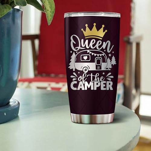 Queen of The Camper Tumbler Camping Gifts For Campers Women Mom Coffee Cup with Lid 20oz Stainless Travel Mug Water Bottle Wife Gift - color: Camping