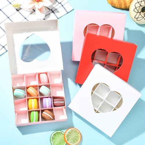 Airssory Chocolate Boxes, Paper Gift Boxes with Heart-Shaped Window, 12 pcs (4 pcs each of Pink, White, Gold), Square 15.1x15.1x3.5 cm, for Truffles, Candies, Favors - color: Chocolate Boxes